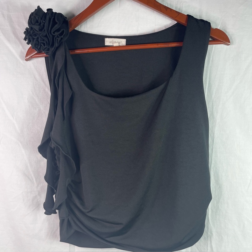 URBAN ROSE Women's Black Jersey Knit Ruched Sides 3D Rose Top Size XL Party Club
